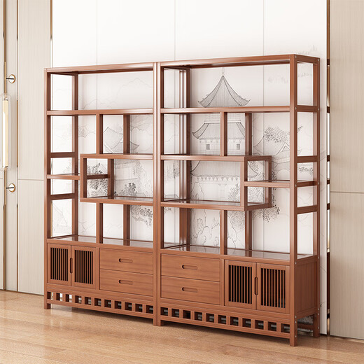 Wen Xinfu Bo ancient rack Duobao Pavilion tea display cabinet living room new Chinese style storage rack ancient ornaments cabinet bookshelf storage bold reinforcement damage compensation six layers 80 long simple style thickened laminate