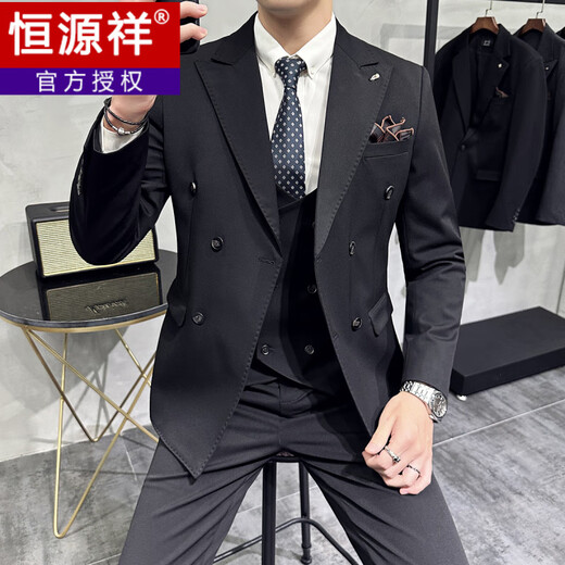 Hengyuanxiang double-breasted suit men's suit business formal casual suit British slim fit groom wedding dress including sheep wool style-dark green three-piece suit, black lining 48/M