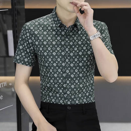 以堡狼高端夏季男衬衫短袖弹力冰丝数码印花薄款休闲男士衬衣修身 7029白色 3XL 【推荐160-175斤】