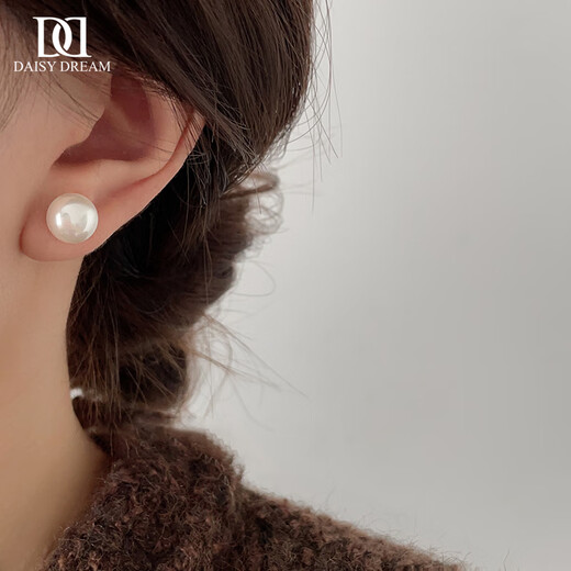 DAISY DREAM 925 silver French flat round steamed bun Shijia large pearl earrings for women light luxury temperament high-end earrings fashion earrings 10mm flat round steamed bun pearl earrings 925 silver straight needle style