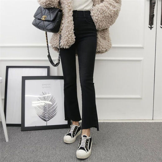 
SUOWANYI (SUOWANYI) short-sized new student high-waist Korean style slim and slightly flared jeans for women, loose and versatile B9738 cropped pants, black 25