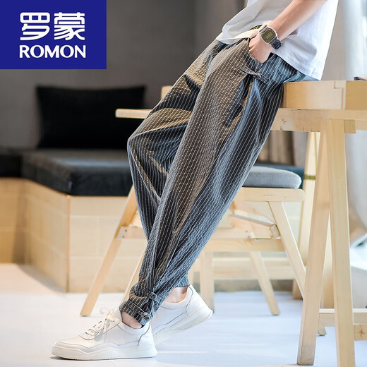罗蒙（ROMON）夏季中国风男装棉麻九分裤男士条纹裤子亚麻裤男宽松大码束脚裤男 983白色 L 115-130