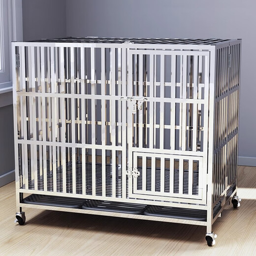 HKML304 stainless steel dog cage, medium and large dog cage, indoor folding golden retriever Labrador multi-sided dog house with toilet, 149*95*120cm, suitable for Rottweiler, Alaska, etc. 304 thickened stainless steel cage + stainless steel dog bowl + high-quality tray + high-quality mat