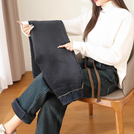Tang Xiaosheng, un estudiante de secundaria de secundaria, además de pantalones rectos de mezclilla espesas de terciopelo para mujeres, niña de invierno, estudiante de escuela intermedia suelta, pantalones de luta ancha elástica 9926# Cement Gray (Velvet agregado) l