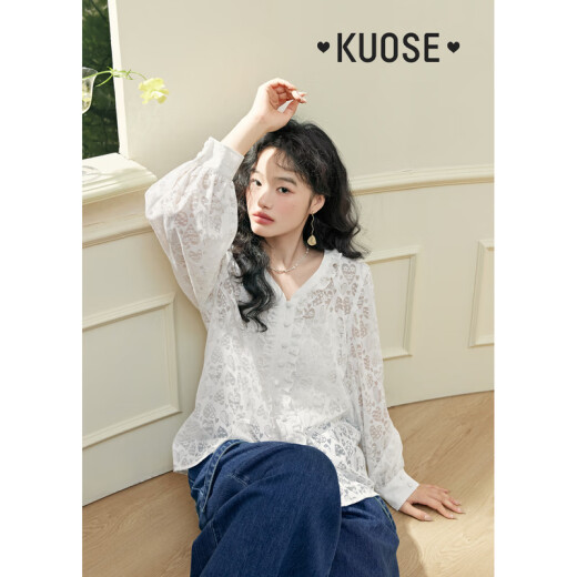 Wide color (kuose) French style V-neck lace shirt for women 2024 spring and summer new love hollow shirt long-sleeved lace top white M