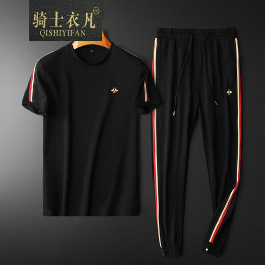 Knight Yifan men's T-shirt suit summer new fashion European station trendy brand high-end embroidery trend micro-elastic short-sleeved pants two-piece set for young and middle-aged slim casual sportswear large size men's black TZ7001M [100-120Jin [Jin equals 0.5 kg]]