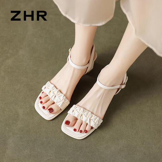ZHR凉鞋女夏季粗高跟简约通勤方头女鞋一字带鞋子女 Y756 米色 36