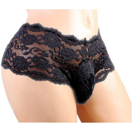 Ji Yafu men's sexy boxer briefs thong men's lace half-cover hip transparent low-waist tight mesh underwear black XL size (suitable for 2 feet 42 feet 7 waist)