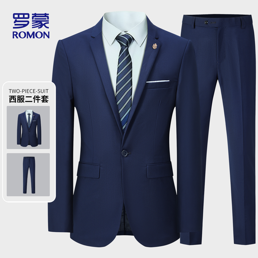 ROMON Suit Men's Business Slim Professional Formal Wear Groomsman Groom Wedding Dress Two-piece Set Y306 Navy Blue 2XL
