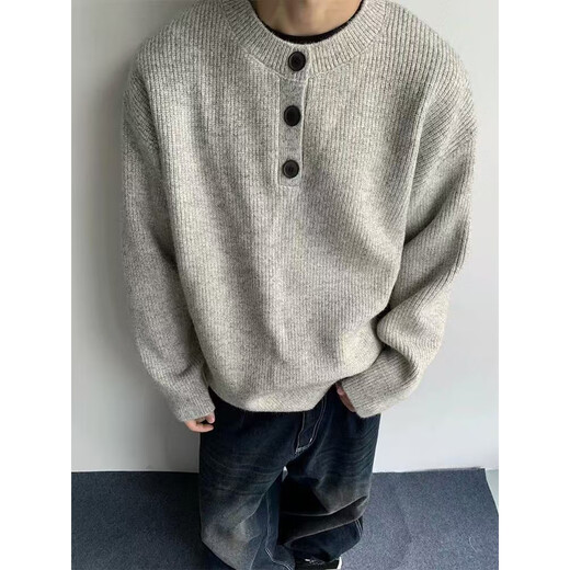 She Man Lai Sweater Men's 2024 Autumn and Winter New Gray American Retro Henley Collar Lazy Style Cleanfit Sweater Men Gray XL