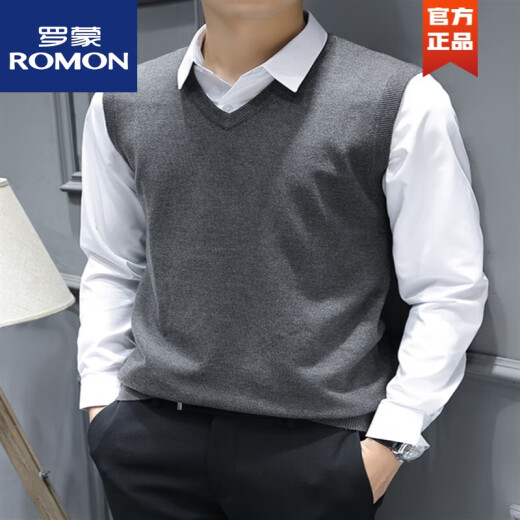 罗蒙（ROMON）时尚都男士针织背心马甲秋冬款无袖毛衣修身坎肩打底衫V领线衣 SXZFS-14126卡其色+深蓝色 M