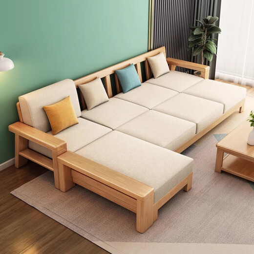 Champion Muyu sofa solid wood sofa living room combination small apartment bed dual-purpose modern Chinese fabric imperial concubine corner furniture four-seater + imperial concubine couch + coffee table + TV cabinet