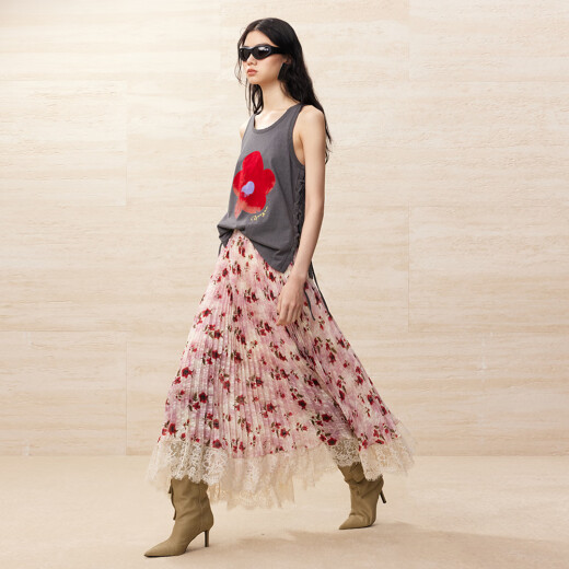 UOOYAA/Wu Ya 2024 summer new FlowerChildren series lace splicing floral waist skirt printed S