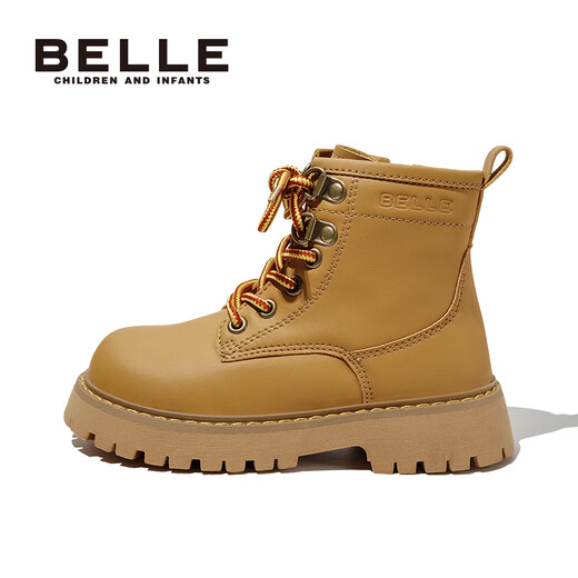 
Belle children's shoes, children's Martin boots, autumn and winter soft sole plus velvet warm leather boots, boys' soft sole short boots, girls' big yellow boots DE3890 camel 28