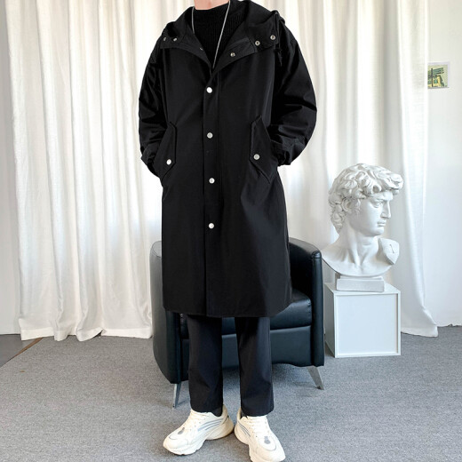 Difeng windbreaker men's spring and autumn Korean style loose mid-length coat men's trendy brand cotton thickened large size youth coat black M recommended 100-120Jin [Jin equals 0.5 kg]