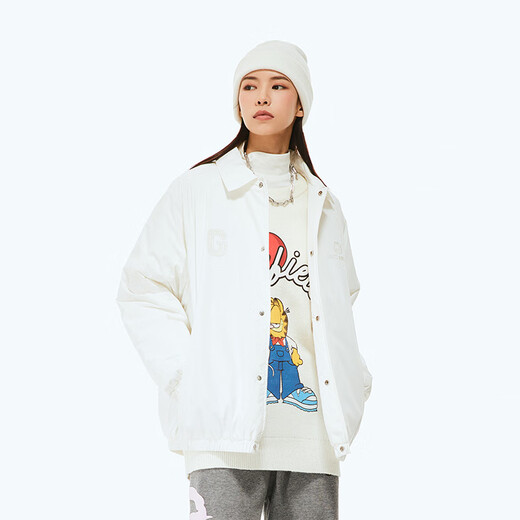 Fun trendy brand cotton coat lapel autumn and winter new style Garfield co-branded raglan sleeves warm and versatile couple casual jacket white XXS