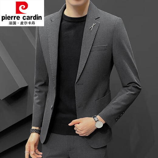 Pierre Cardin men's suit autumn and winter slim handsome casual small suit jacket wedding top Korean style trendy thickened gray two-piece set (top + pants) L 115-125Jin Jin equals 0.5 kg