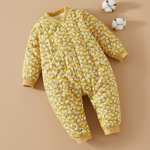 Mianguduo Children's Handmade Pure Cotton One-piece Harness Men's and Women's Thickened Warm One-piece Cotton Clothes Baby Harness Climbing Clothes Yellow Bottom Flowers 80 Codes (Suitable for 10-14 Months)