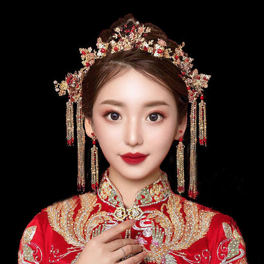 Xiuhe headdress simple and elegant red Chinese style bridal phoenix crown ancient costume Xiuhe clothing wedding accessories set + bracelet (default ear clip style) If you need ear hook style, please contact customer service