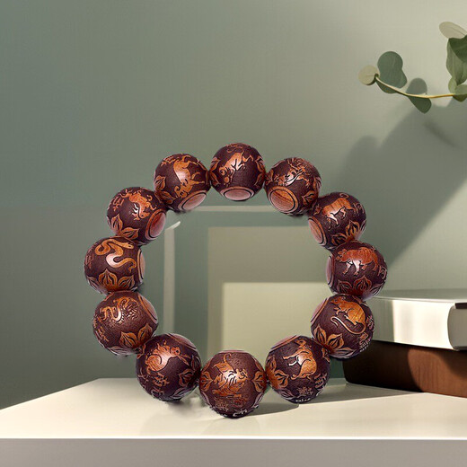 Ji Fangyuan large-leaf huanghuali exquisitely carved twelve zodiac signs, perfect ethnic style Buddhist beads bracelet, cultural toy bracelet for men and women, twelve zodiac signs 20mm, perfect style, gift plate toy bag