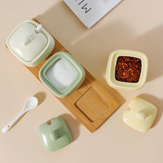 SUMEIJI salt shaker kitchen seasoning jar salt shaker ceramic Japanese seasoning jar combination household seasoning bottle small jar light luxury seasoning box three-color 3-pack seasoning jar tray with spoon