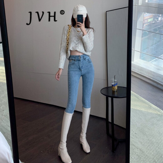 JVH Hong Kong trendy brand high-waisted velvet jeans for women 2020 winter new Korean style fashion versatile tight-fitting leg pants slimming Internet celebrity washed pencil pants light blue M