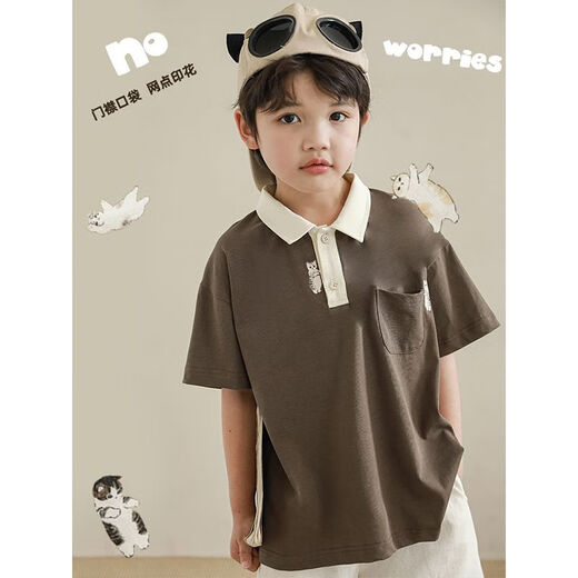 幼悠 三个伙伴数码印花翻领宽松清凉短袖T恤男童夏装衬衫背带裤潮 T恤深咖（N3893） 80cm