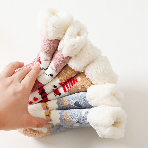 Wenlixuan winter velvet baby floor socks children's non-slip socks men's and women's socks thickened and warm cartoon mid-tube sleep socks Khaki Snowman S size 0-2 years old