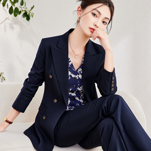 Baffia wool suit suit goddess style autumn and winter high-end professional suit jacket business commuting thick style interview navy blue suit + bell pants M