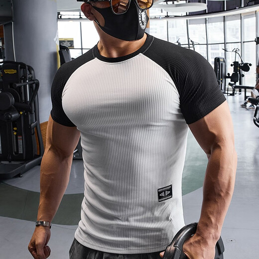 Lutielang sports tights men's quick-drying short-sleeved T-shirt running fitness clothes handsome muscle training elastic breathable autumn white XL