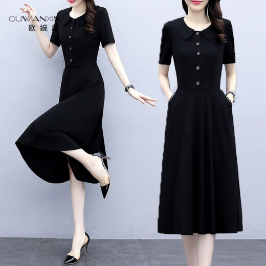 Ou Wanxin dress summer 2021 spring and autumn new Korean style loose short-sleeved fashion versatile temperament slimming belly covering age reduction summer mid-length bottoming skirt black 0181N2B20 Please choose the fitting size or contact customer service for recommendations