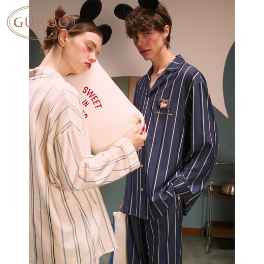Gukoo couples pajamas Disney series joint spring and autumn home clothes striped lapel pajamas for men and women almond white women M