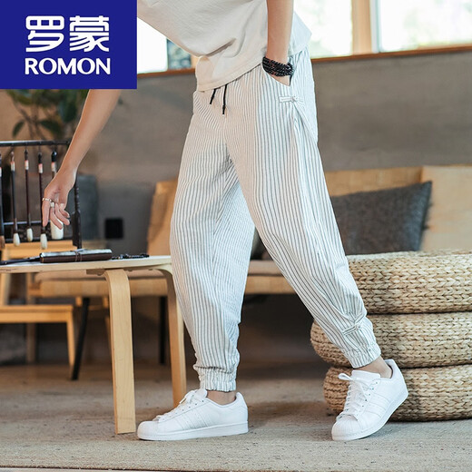 罗蒙（ROMON）夏季中国风男装棉麻九分裤男士条纹裤子亚麻裤男宽松大码束脚裤男 983白色 L 115-130