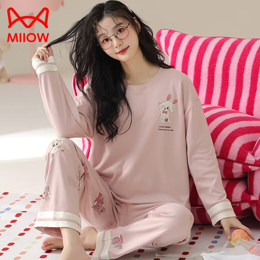 Loyackind Pajamas Женская с длинными рукавыми рукавами тонкая сладкая сладкая розовая маленькая белая кролика мультфильма с печеночной одеждой для дома весна и осенний костюм повседневно OY691A 2xl (подходит для веса 135-155JIN [JIN равняется 0,5 кг])