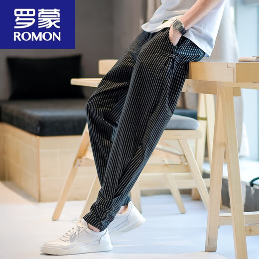 罗蒙（ROMON）夏季中国风男装棉麻九分裤男士条纹裤子亚麻裤男宽松大码束脚裤男 983白色 L 115-130