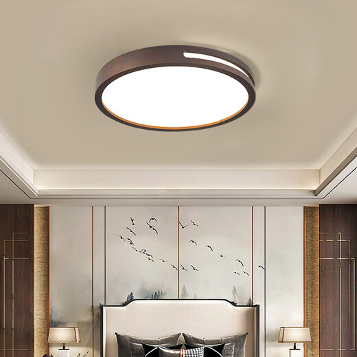 Deng Shige new Chinese style solid wood ceiling lamp tea room study bedroom dining room living room Chinese style walnut Guangdong Zhongshan lamp round 50CM hollow walnut 36W three-tone lighting without remote control