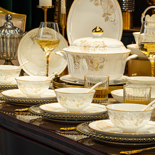 Han Ming Chinese Scenery Dezhen bone china bowls, plates and tableware complete set of household high-end ceramic dishes and chopsticks set housewarming gift upgraded 60-piece set丨with high-end brocade box