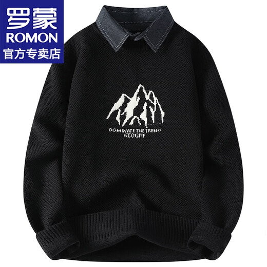 ROMON fake two-piece sweater knitted sweater men winter inner bottom sweater sweater top clothes sheep casual sweater men's clothing M9903 black XL about 115-135 Jin [Jin equals 0.5 kg] can be worn