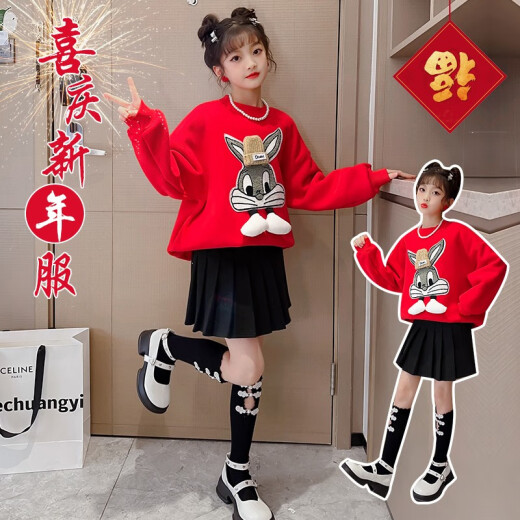 Mengmeng Island Children's Clothing Girls' Sweaters 2023 New New Year's Clothes for Older Children New Year's Eve Festive Tops for the Year of the Rabbit Trendy Bottoming Shirts Red 140 Size Recommended Height of About 130 Centimeters