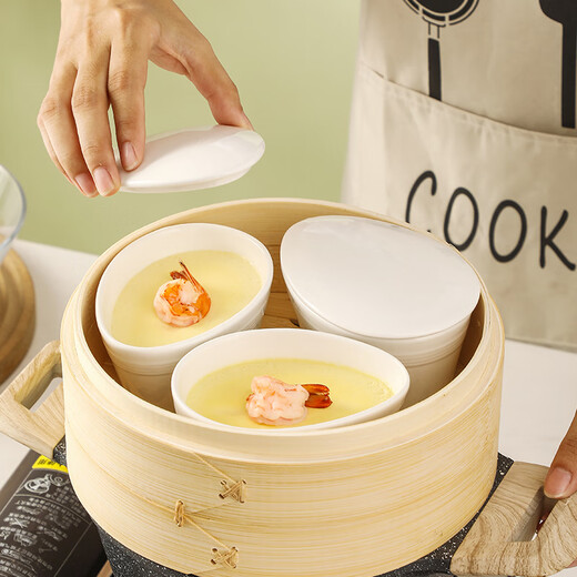 Muziqiu ceramic steaming bowl with lid, baby stew pot, small steaming cup, water-proof steamed egg, steamed rice, stewed egg, steamed egg custard special bowl, egg-shaped high-temperature ceramic bowl*3+porcelain lid*3