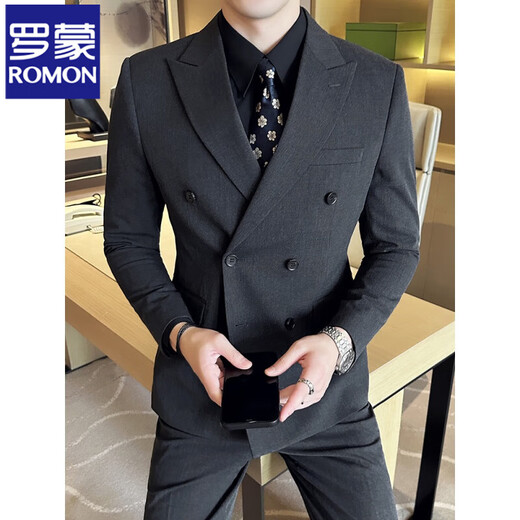 ROMON high-end customized suit men's British style double-breasted business casual suit large size three-piece formal wedding suit 338 black double-breasted single-piece suit XL (125-140Jin Jin equals 0.5 kg)