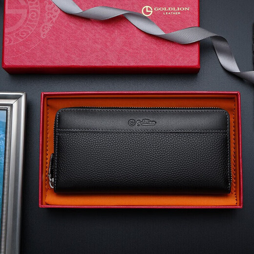 Goldlion Casual Fashion Cowhide Men's Bag Long Wallet Multi-Card Slot Clutch Gift Box Birthday Gift for Dad
