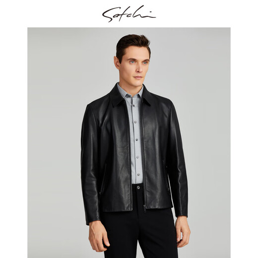 沙驰（SATCHI）男装男士真皮皮衣2025秋季新款绵羊皮短款商务夹克外套 黑色 46
