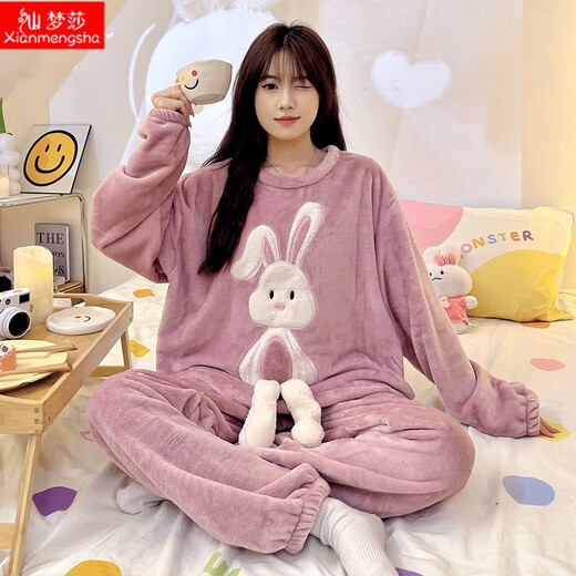 仙梦莎 睡衣女冬季法兰绒圆领可爱卡通玉桂狗两件套装加厚珊瑚绒家居服 TFN-9905-豆沙-大白鹅 M