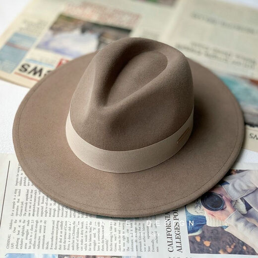 ALBINELE French new autumn and winter flat-brimmed woolen hat for men and women, fashionable wide brim black versatile European and American large head circumference camel camel (classic hot sale) M size 54-57cm head circumference (regular) adjustable