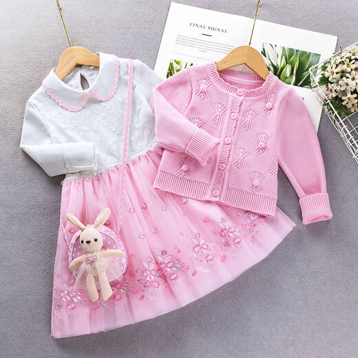 Little Bear Elf (xiaoxiongjingling) children's clothing girls dress sweater princess skirt suit autumn and winter little girl knitted cardigan jacket fashionable and western style 036 plus velvet pink (jacket + dress + small shoulder bag 120 size (recommended height around 110-120 cm)
