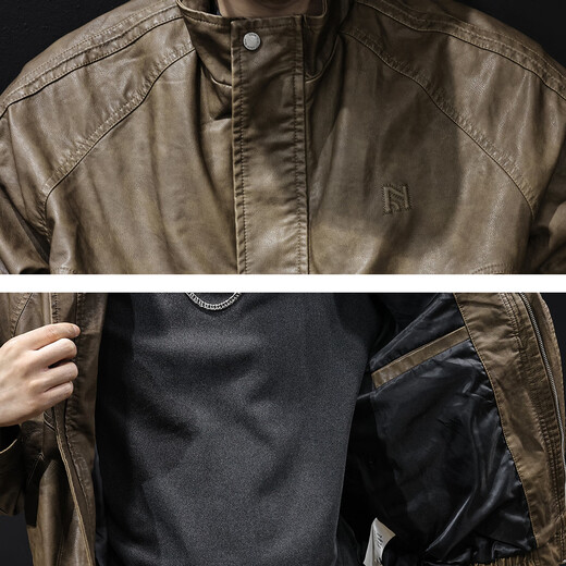 Luo Meng high-end motorcycle leather jacket men's spring and autumn 2025 new men's short comfortable large size American retro trendy brand 034 black gray L