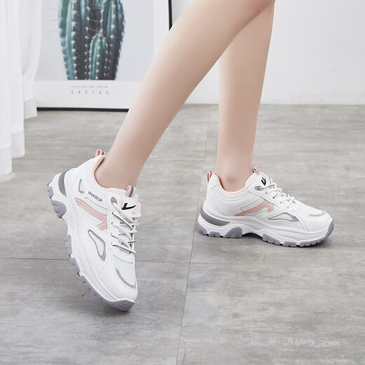 Warrior casual shoes, versatile thick-soled women's shoes, outdoor sports walking shoes, dad shoes, travel white shoes, WXY-C060N white powder 37