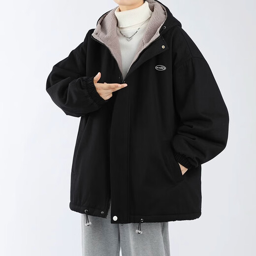 RFKU sherpa jacket men's casual loose plus velvet thick cotton clothing trendy brand autumn and winter warm and handsome loose hooded jacket black XL (recommended 140-165 Jin Jin equals 0.5 kg)