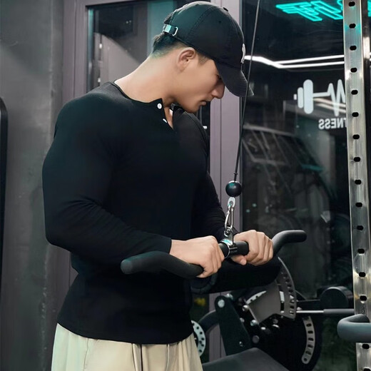 Dameitu (Dameitu) Henry shirt American long-sleeved threaded cotton retro American khaki men's raglan fitness show big Henry collar T-shirt sports black XL suitable for 60-70kg